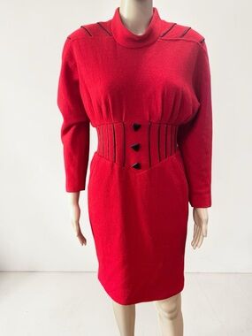 Red Long Sleeve fitted vintage Dress with Black Trim and Button Accents